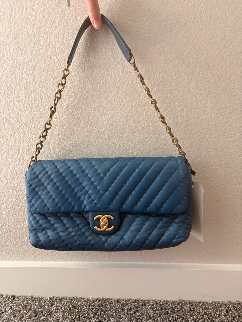 CHANEL Blue Classic Flap Quilted Shoulder Bag with Denim Staining with COA